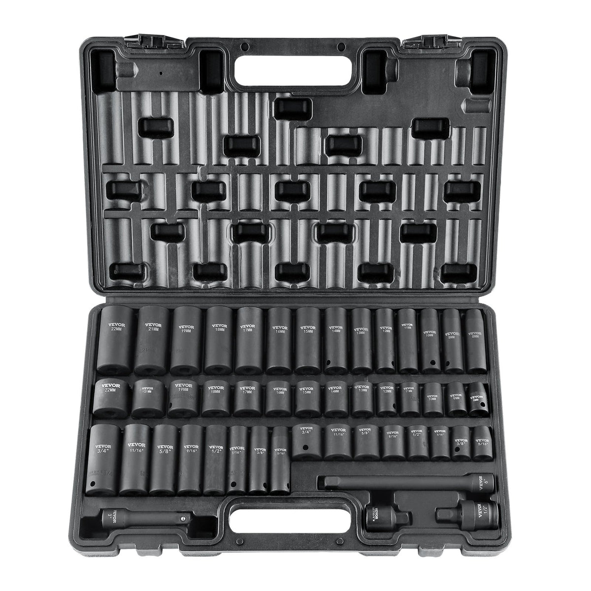 VEVOR 9,5 mm drive löögimuhvide komplekt 48 tk SAE (8-22 mm), 6-punktiline Cr-V, pikendus, universaalühendus, elektritööriistade adapter, hoiukast
