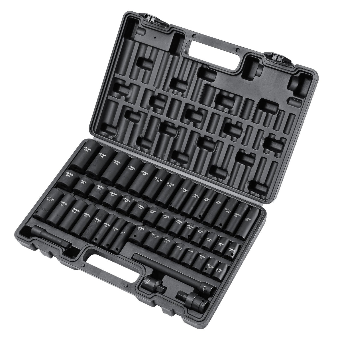 VEVOR 9,5 mm drive löögimuhvide komplekt 48 tk SAE (8-22 mm), 6-punktiline Cr-V, pikendus, universaalühendus, elektritööriistade adapter, hoiukast