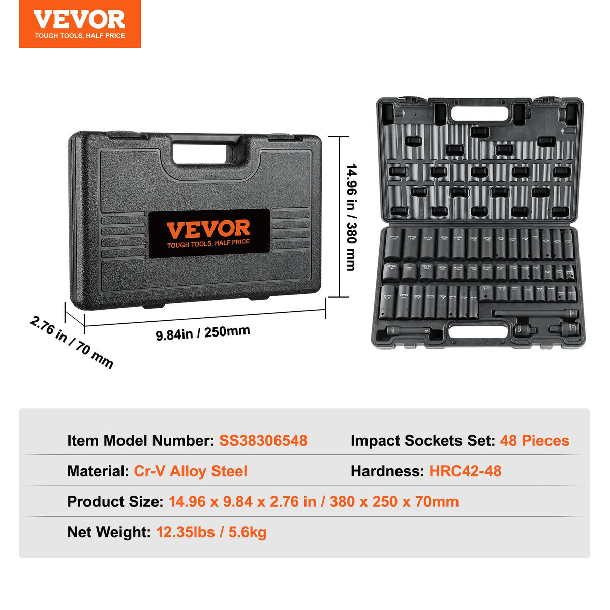 VEVOR 9,5 mm drive löögimuhvide komplekt 48 tk SAE (8-22 mm), 6-punktiline Cr-V, pikendus, universaalühendus, elektritööriistade adapter, hoiukast