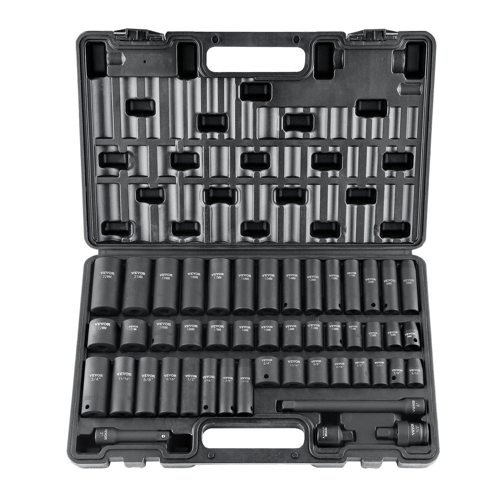VEVOR 9,5 mm drive löögimuhvide komplekt 48 tk SAE (8-22 mm), 6-punktiline Cr-V, pikendus, universaalühendus, elektritööriistade adapter, hoiukast