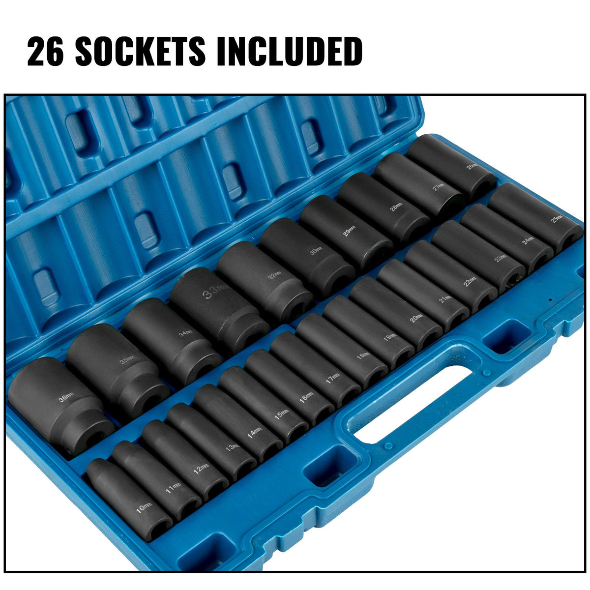 VEVOR impact driver set 26 pcs 12,7 mm drive, 6 point deep socket, 10-36 mm, CR-V alloy steel, storage box