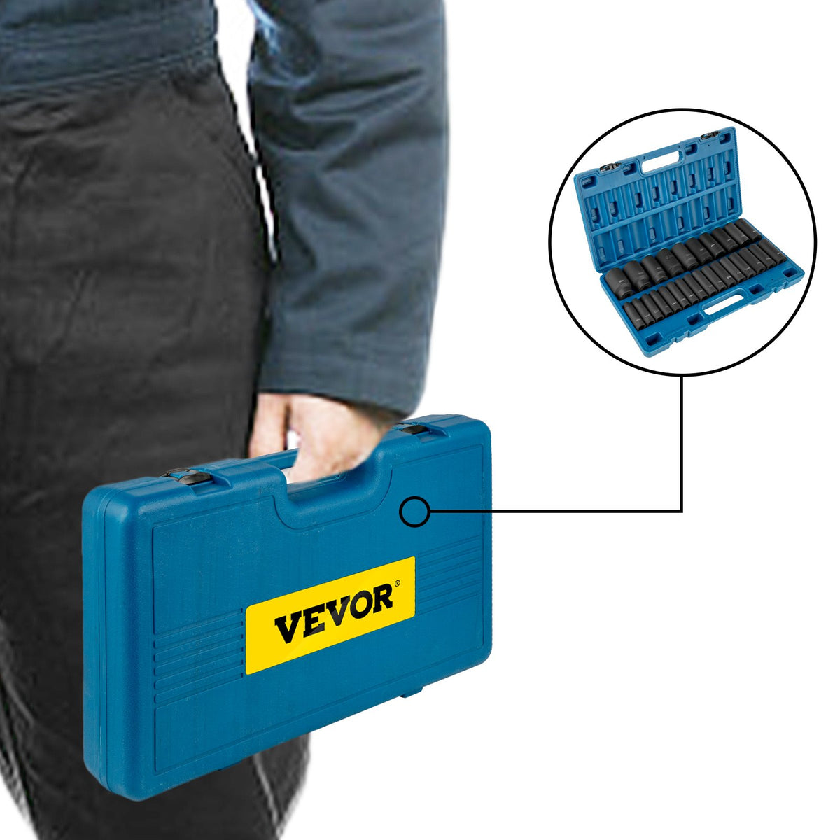 VEVOR impact driver set 26 pcs 12,7 mm drive, 6 point deep socket, 10-36 mm, CR-V alloy steel, storage box