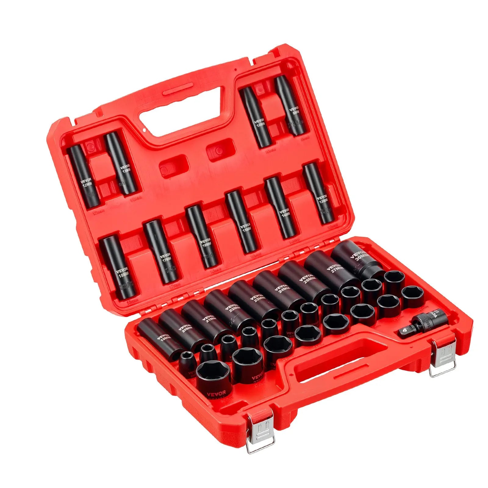 VEVOR 12,7 mm piedziņas triecienuzgriežņu muciņu komplekts, 39 daļas, 6-šķautņu dziļās un seklās muciņas 9–30 mm, augstas izturības Cr-V tērauds, ar universālo kardānu, divkāršs izmēru marķējums, izturīgs koferis