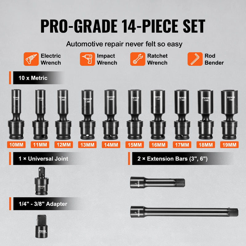 VEVOR 360° rotatable impact driver set 14 pcs., 9,5 mm drive, 10-24 mm