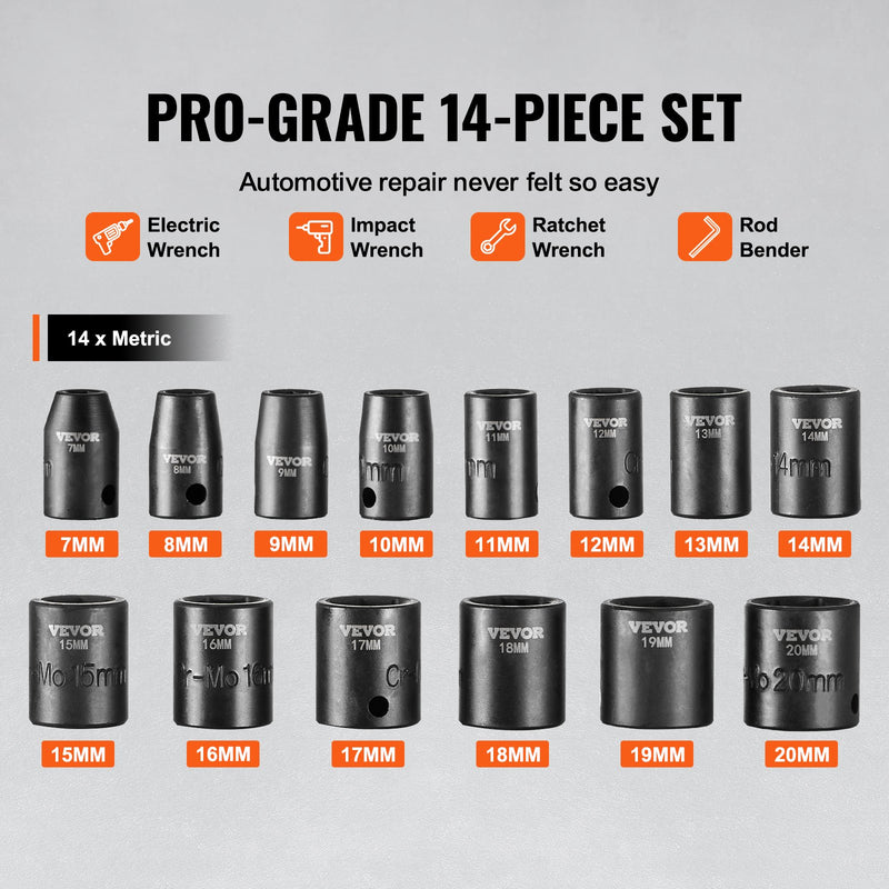 VEVOR löögiribade komplekt 14 tk 6-punktiline 9,5 mm ajamiga