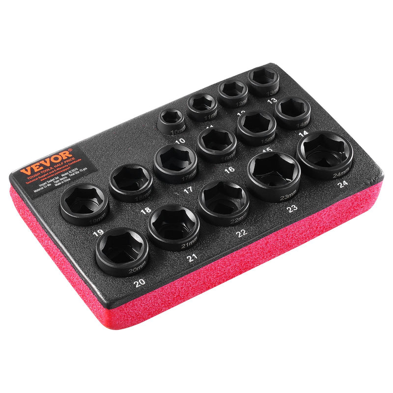 VEVOR Набор ударных насадок 15 шт. | 6-позиционный | привод 3/8" | набор инструментов с трещоткой | 10-24 мм