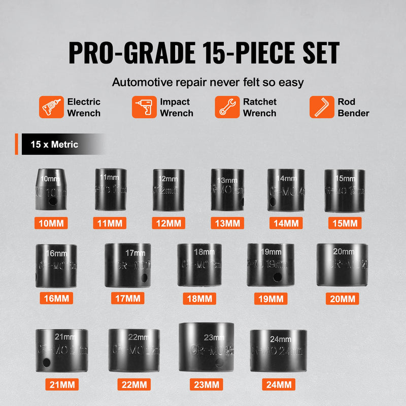 VEVOR Набор ударных насадок 15 шт. | 6-позиционный | привод 3/8" | набор инструментов с трещоткой | 10-24 мм