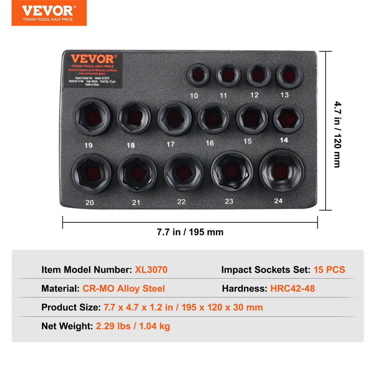 VEVOR trieciensloksņu komplekts 15 gab. | 6-punktu | 3/8" piedziņa | Sprūdrata uzgaļu instrumentu komplekts | 10–24 mm