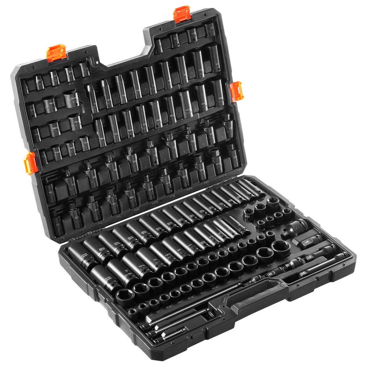 VEVOR trieciens uzgriežņu atslēgu komplekts 130 gab., 6-kantes, 9,53 mm un 12,7 mm, ar uzgaļiem, sprūdrata atslēgu un instrumentu komplektu