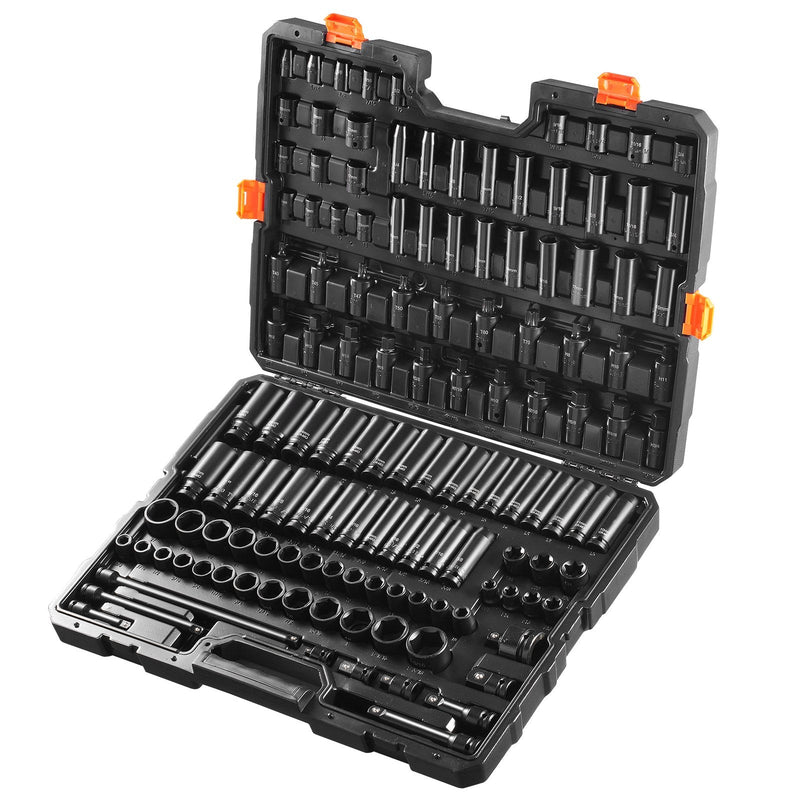 VEVOR trieciens uzgriežņu atslēgu komplekts 130 gab., 6-kantes, 9,53 mm un 12,7 mm, ar uzgaļiem, sprūdrata atslēgu un instrumentu komplektu