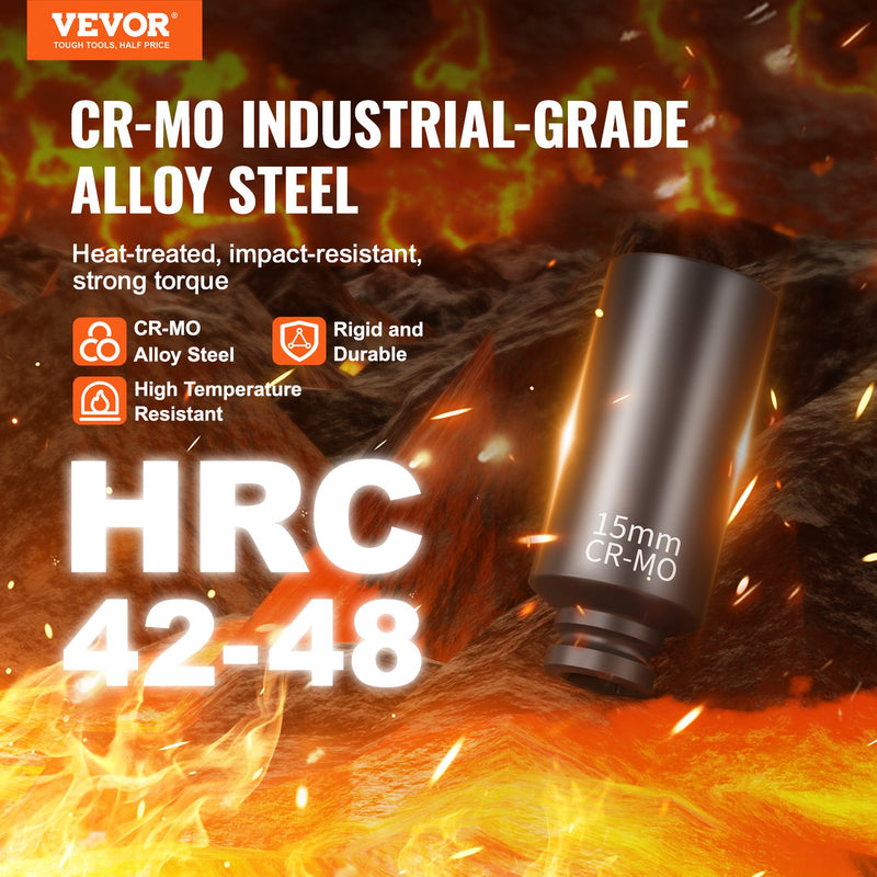 Набор ударных гайковертов VEVOR 14 шт, 6 шт, глубокий, 6,35 мм, 4-15 мм, Cr-Mo