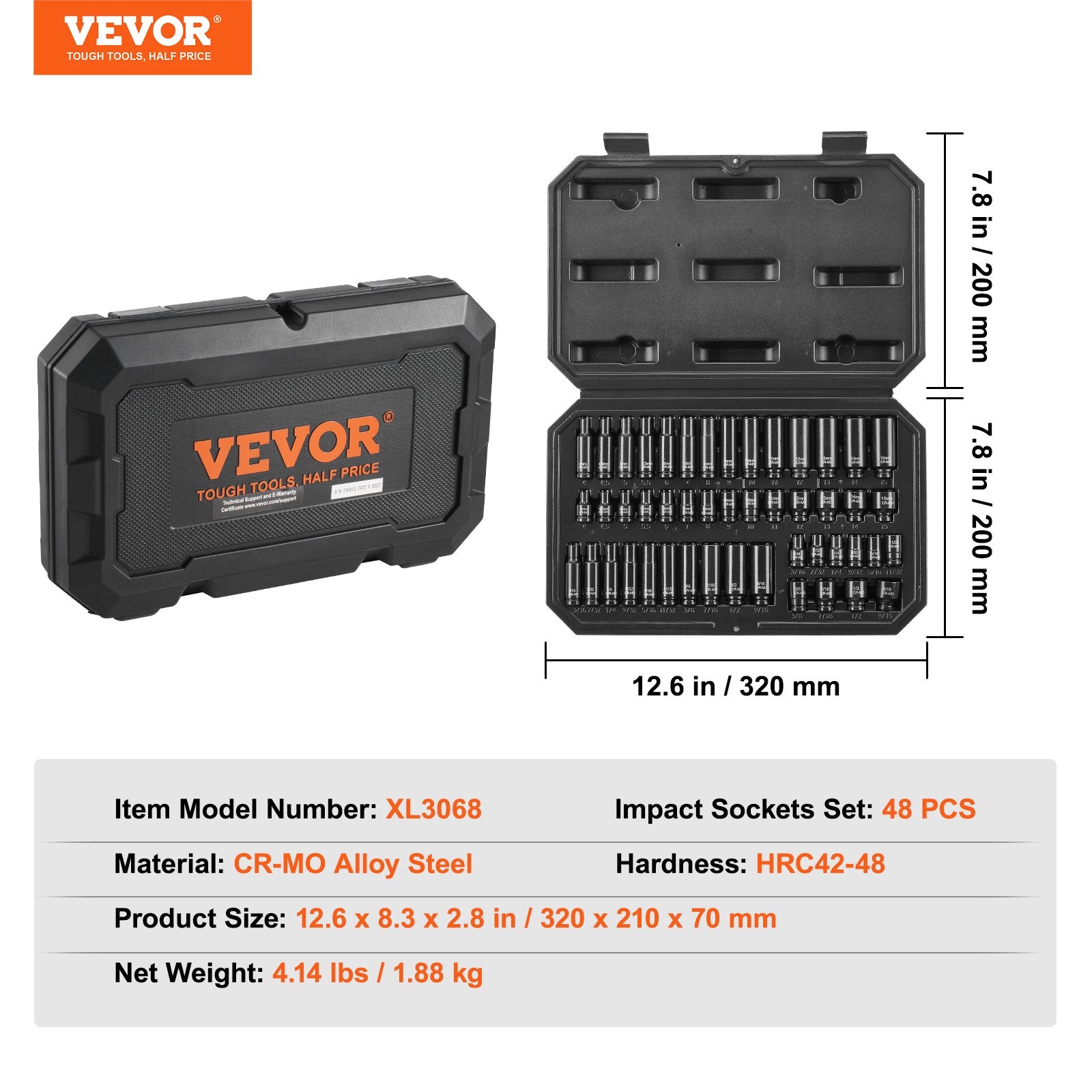 VEVOR uzgriežņu atslēgu komplekts 48 gab., 6-kantes, 6,35 mm, ar uzgaļiem, sprūdrata atslēgu un kārbu