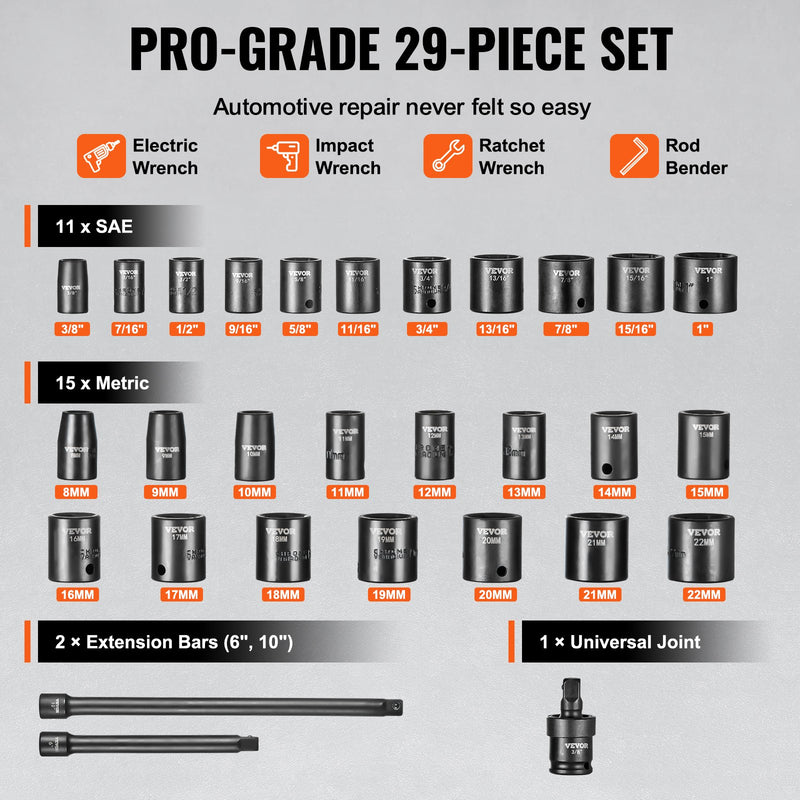 VEVOR trieciensloksņu komplekts 29 gab 6-punktu 9,5 mm piedziņa