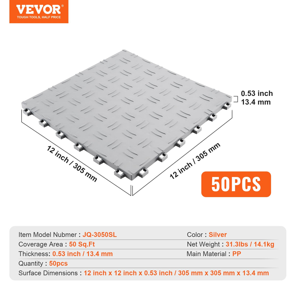 Гаражные панели VEVOR - комплект из 50 штук, 305 × 305 × 13,4 мм, промышленный пол с нескользящей двусторонней поверхностью, подходит для гаражей, подвалов, мастерских, цвет: серебристый