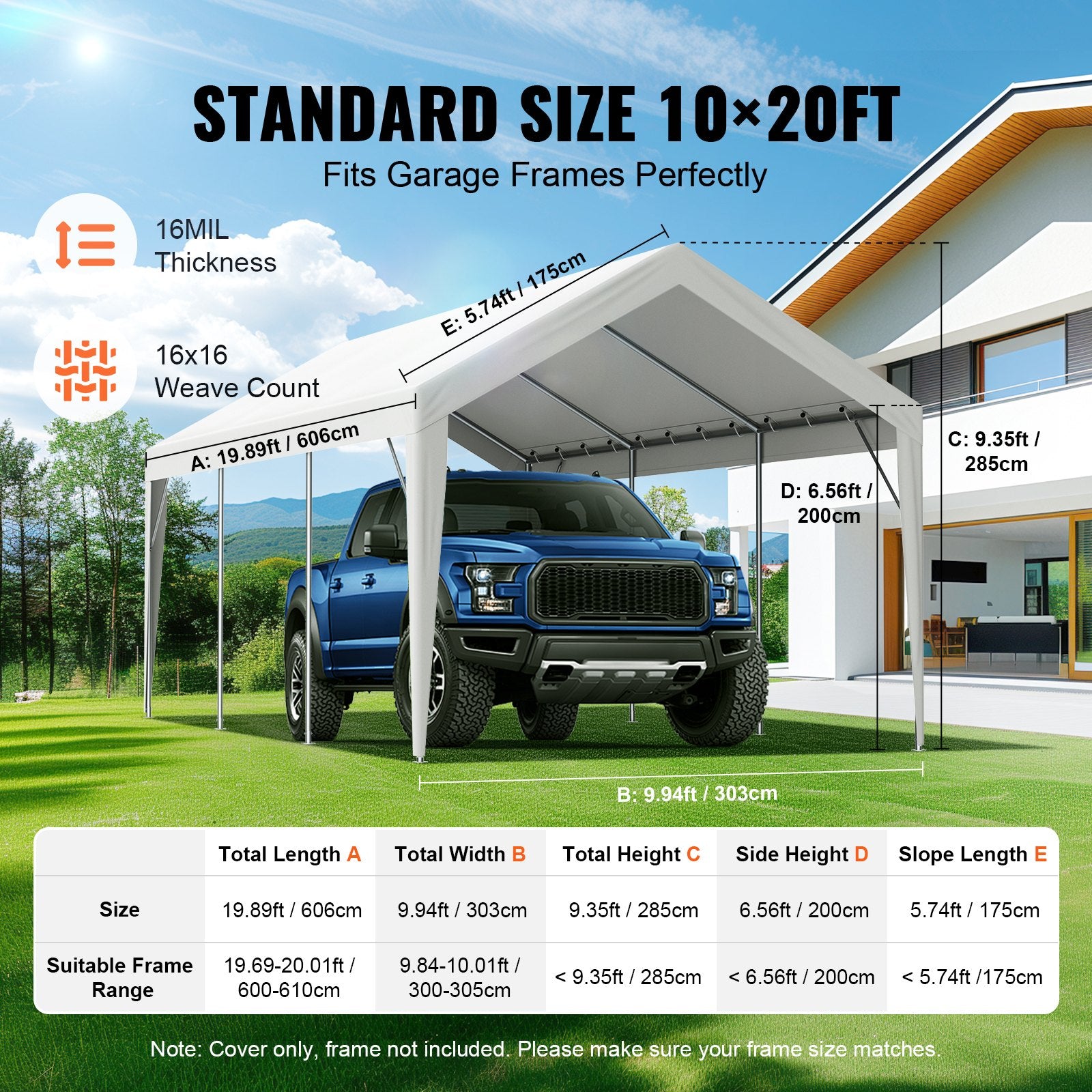 VEVOR canopy roof cover 6,10 × 3,04 m, waterproof, UV-protected, with elastic rubber clips, white - cover only (without frame)