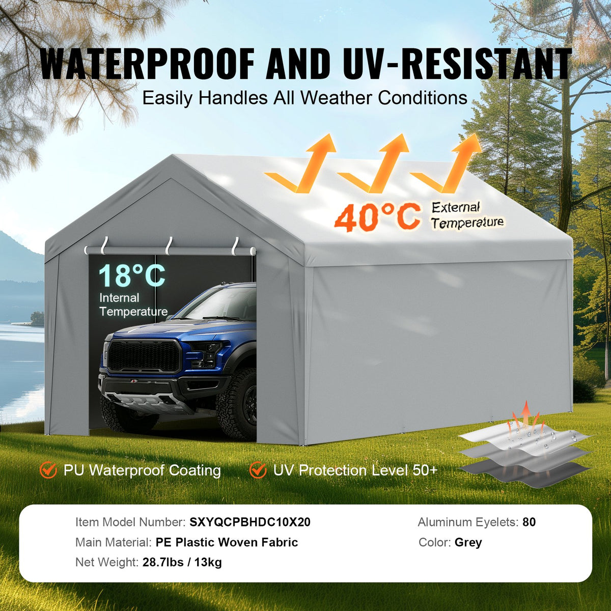 VEVOR Carport Replacement Cover Roof + Side Walls 6000 x 3000 mm, garage tents, waterproof and UV protected, easy to install with ball rubbers, white (frame not included)