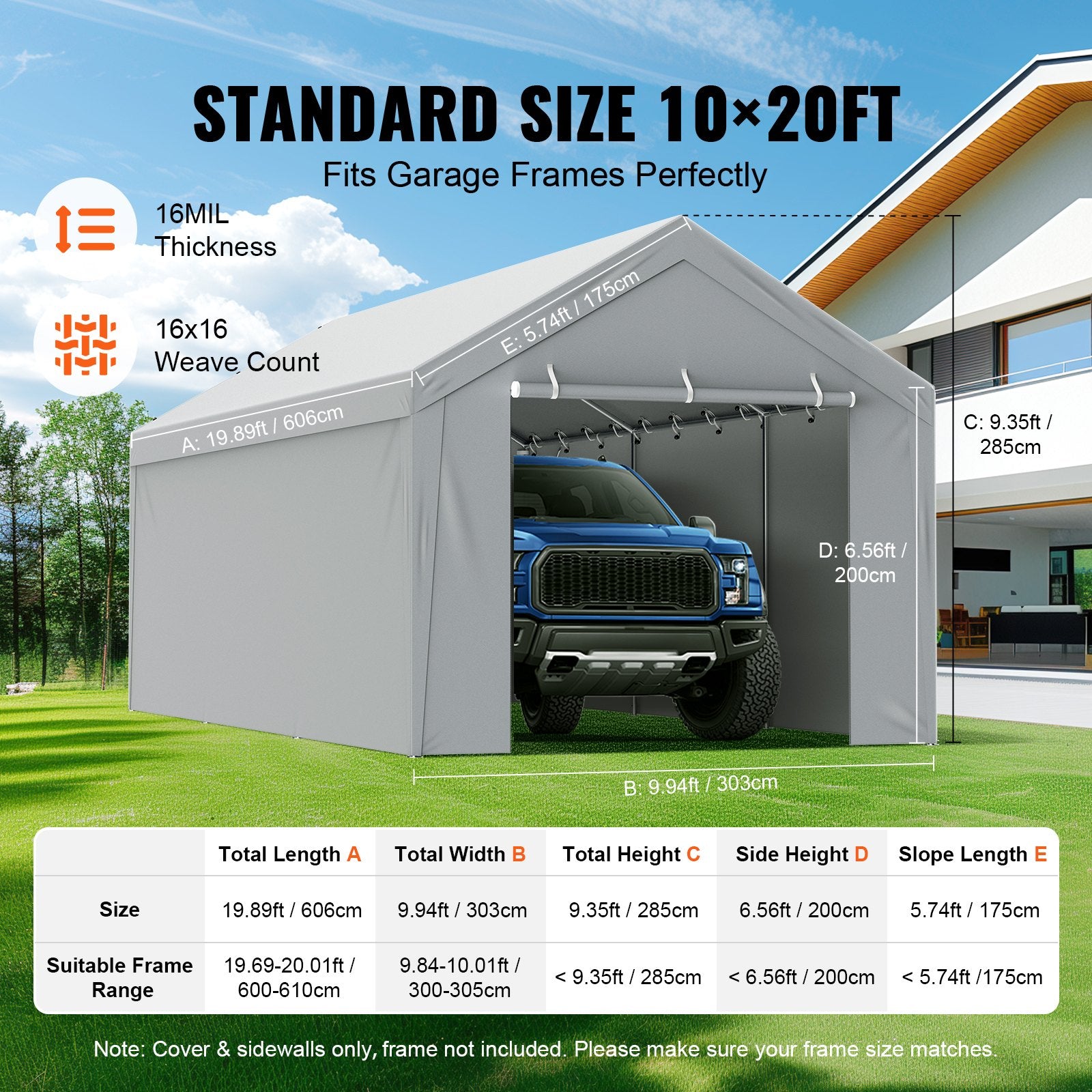 VEVOR Carport Replacement Cover Roof + Side Walls 6000 x 3000 mm, garage tents, waterproof and UV protected, easy to install with ball rubbers, white (frame not included)