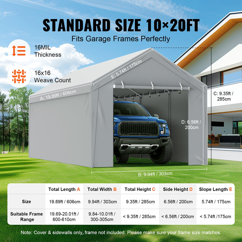 VEVOR Carport Replacement Cover Roof + Side Walls 6000 x 3000 мм, гаражные тенты, водонепроницаемые и защищенные от ультрафиолета, легко устанавливаются с помощью шариковых резинок, белые (каркас не входит в комплект)