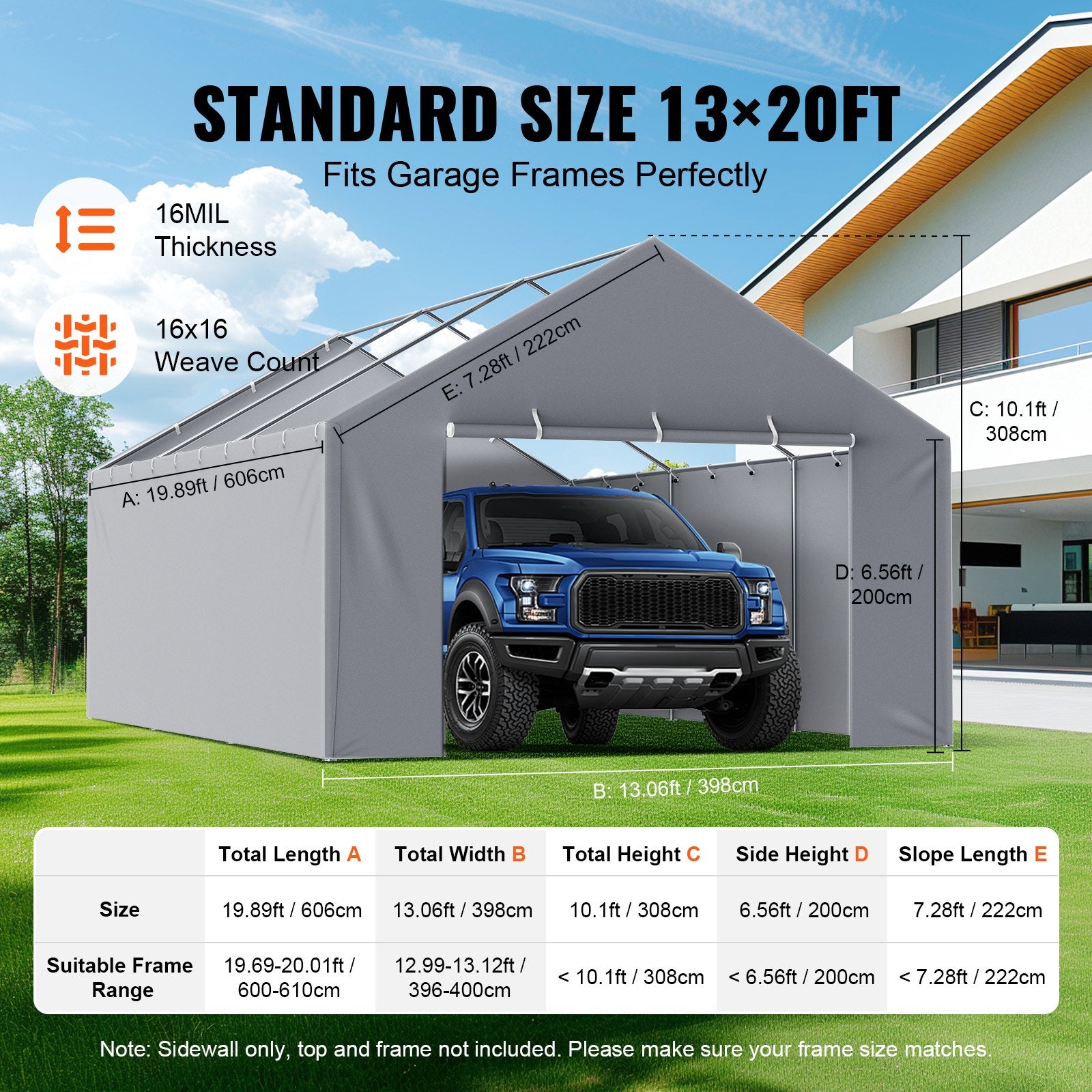 VEVOR awning side wall 3.96 × 6.10 m, grey, waterproof, UV protection, easy installation - without roof and frame