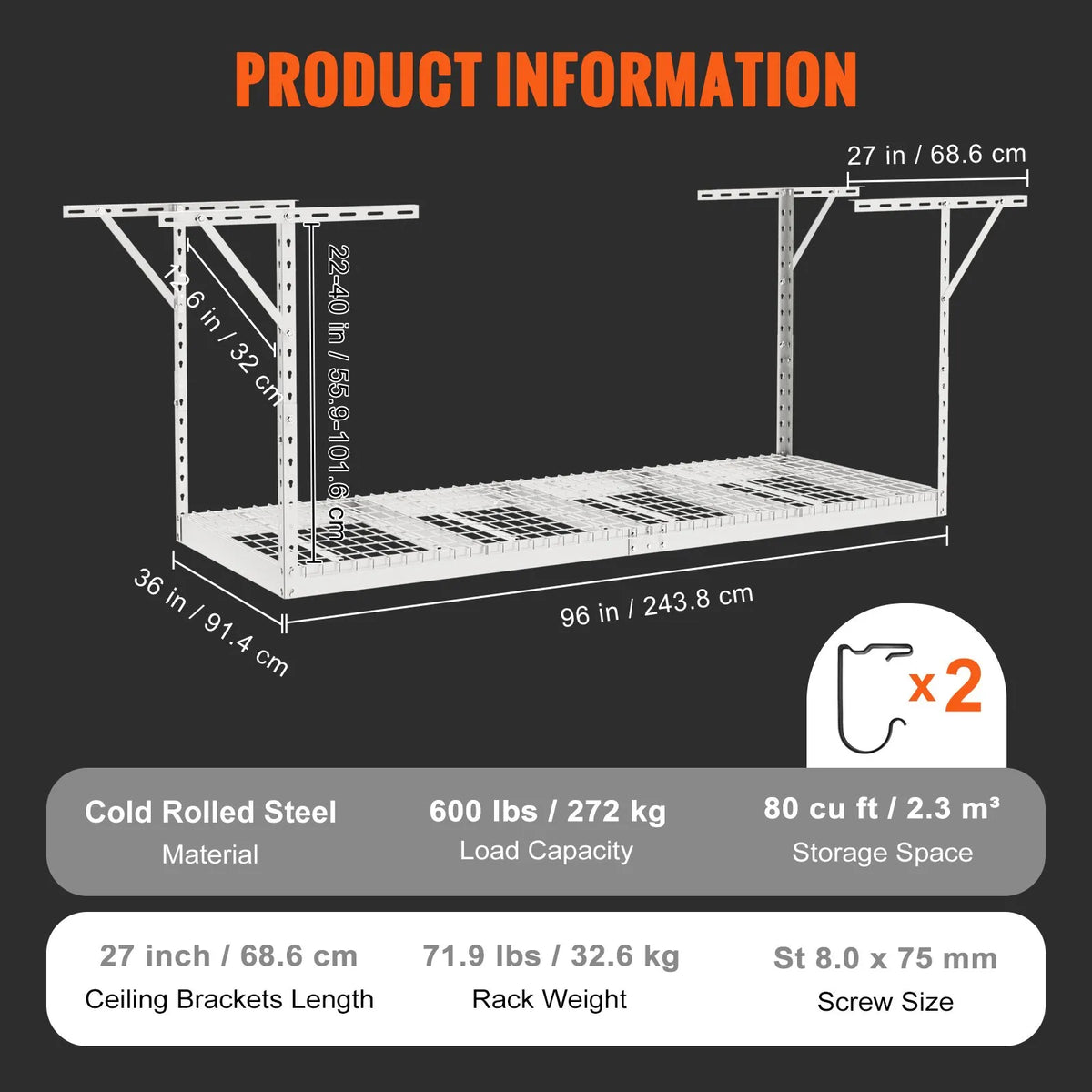 Piekaramais griestu uzglabāšanas plaukts, regulējams auksti velmēta tērauda konstrukcijā, balts, 272 kg, 91 × 244 × 56–102 cm