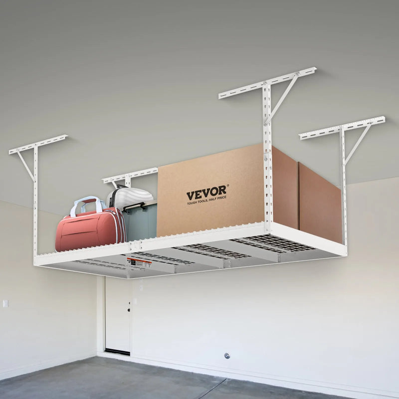 Piekaramais griestu uzglabāšanas plaukts, regulējams auksti velmēta tērauda konstrukcijā, balts, 272 kg, 122 × 244 × 56–102 cm