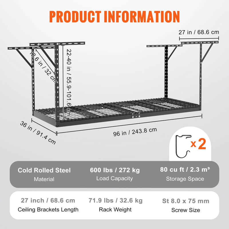 Piekaramais griestu uzglabāšanas plaukts, regulējams auksti velmēta tērauda konstrukcijā, melns, 272 kg, 91 × 244 × 56–102 cm