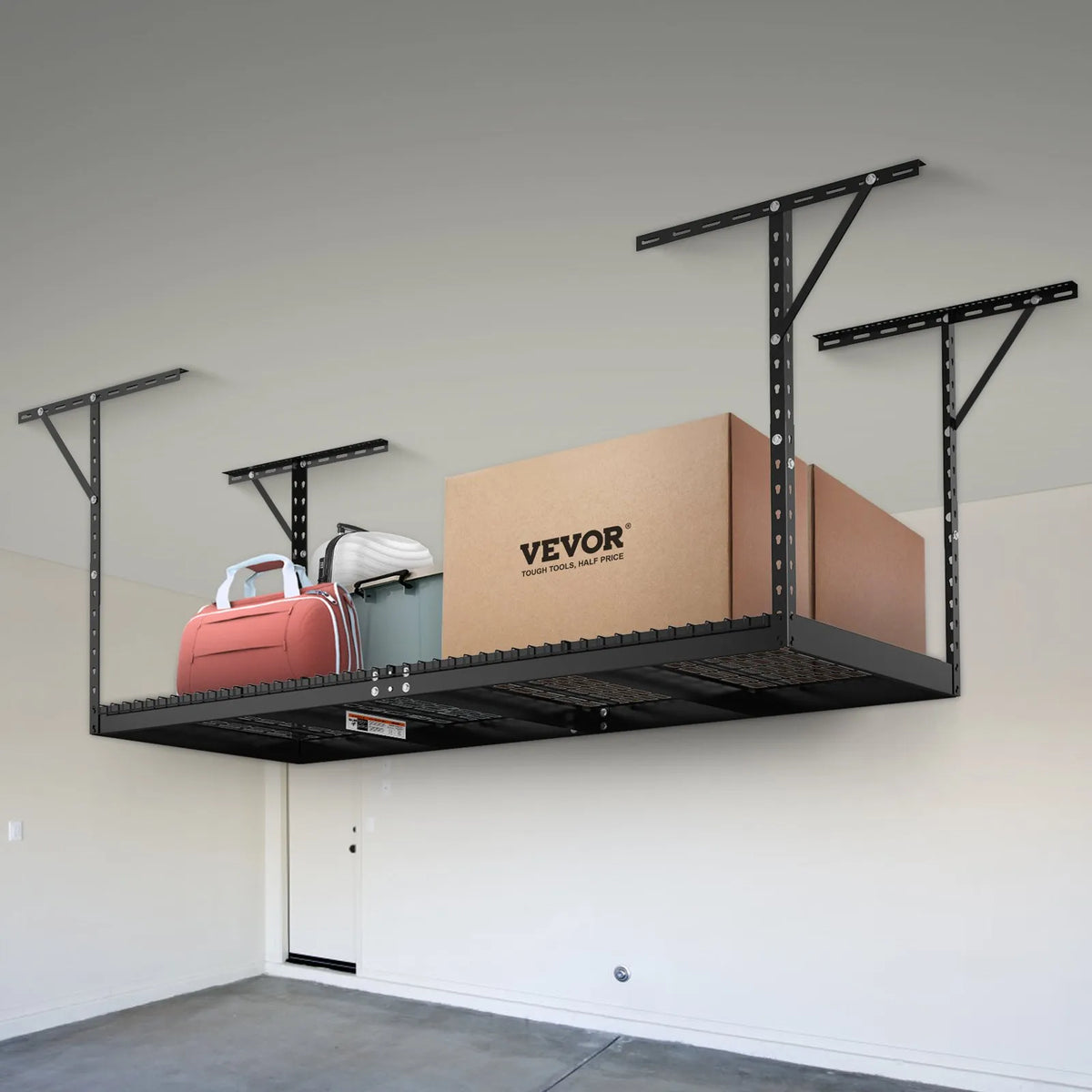 Piekaramais griestu uzglabāšanas plaukts, regulējams auksti velmēta tērauda konstrukcijā, melns, 272 kg, 91 × 244 × 56–102 cm