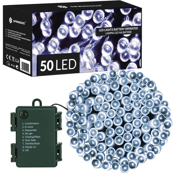 5m Christmas lights cold white works with 3 x AA batteries. (Not included.) IP 44