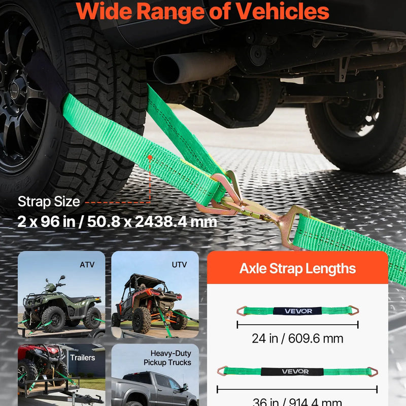 VEVOR riteņu fiksatora nostiprināšanas komplekts, ass tipa piekabes nostiprināšanas siksnas, transportlīdzekļu nostiprināšanas sistēma ar atsperu āķiem, darba slodze 1512 kg, pārrāvuma izturība 4540 kg, paredzēta ATV, UTV un piekabēm