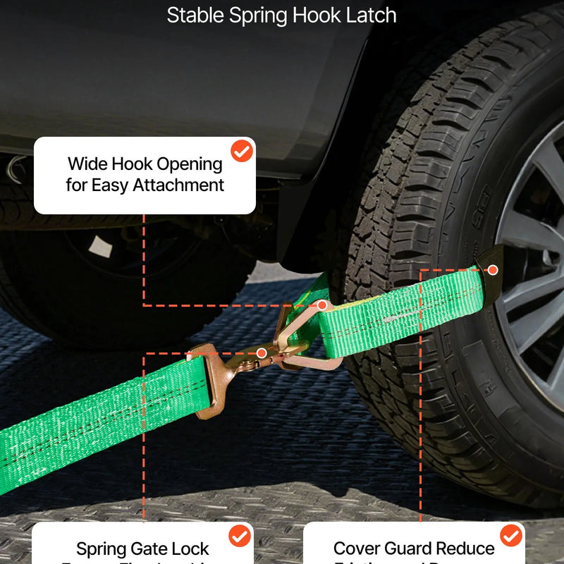 VEVOR riteņu fiksatora nostiprināšanas komplekts, ass tipa piekabes nostiprināšanas siksnas, transportlīdzekļu nostiprināšanas sistēma ar atsperu āķiem, darba slodze 1512 kg, pārrāvuma izturība 4540 kg, paredzēta ATV, UTV un piekabēm