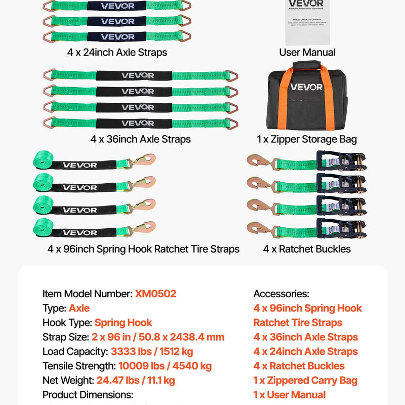 VEVOR riteņu fiksatora nostiprināšanas komplekts, ass tipa piekabes nostiprināšanas siksnas, transportlīdzekļu nostiprināšanas sistēma ar atsperu āķiem, darba slodze 1512 kg, pārrāvuma izturība 4540 kg, paredzēta ATV, UTV un piekabēm