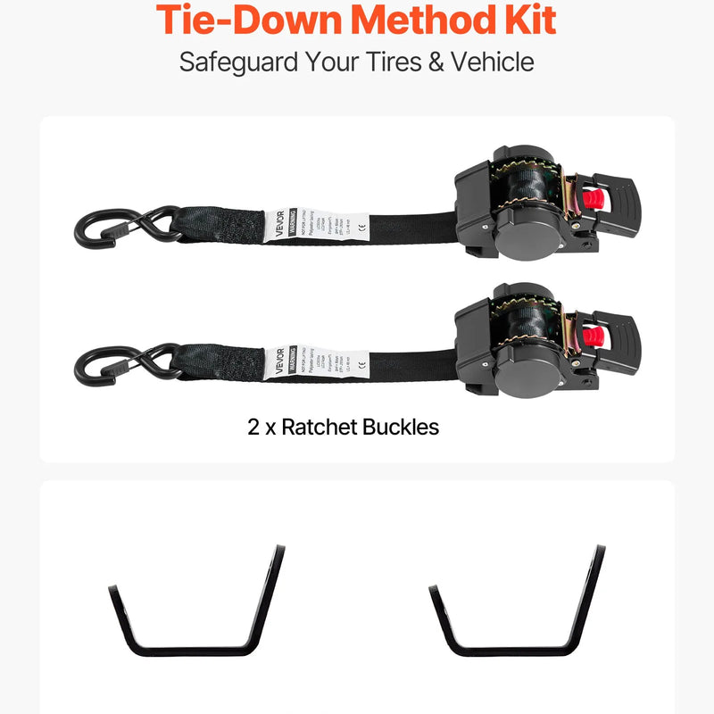 VEVOR riteņa fiksācijas nostiprināšanas komplekts, fiksēta tipa piekabes nostiprināšanas siksnas ar S veida āķiem, pārrāvuma slodze 748 kg, darba slodze 250 kg, piemērots motocikliem, laivām, sniega motocikliem un piekabēm