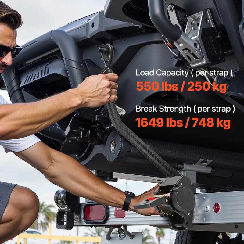 VEVOR riteņa fiksācijas nostiprināšanas komplekts, fiksēta tipa piekabes nostiprināšanas siksnas ar S veida āķiem, pārrāvuma slodze 748 kg, darba slodze 250 kg, piemērots motocikliem, laivām, sniega motocikliem un piekabēm