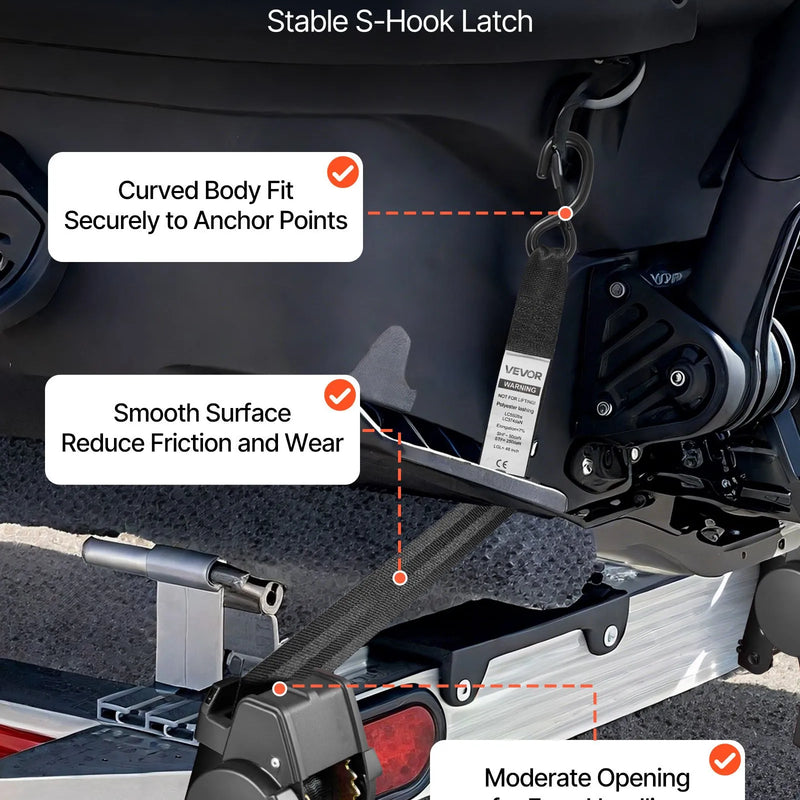 VEVOR riteņa fiksācijas nostiprināšanas komplekts, fiksēta tipa piekabes nostiprināšanas siksnas ar S veida āķiem, pārrāvuma slodze 748 kg, darba slodze 250 kg, piemērots motocikliem, laivām, sniega motocikliem un piekabēm