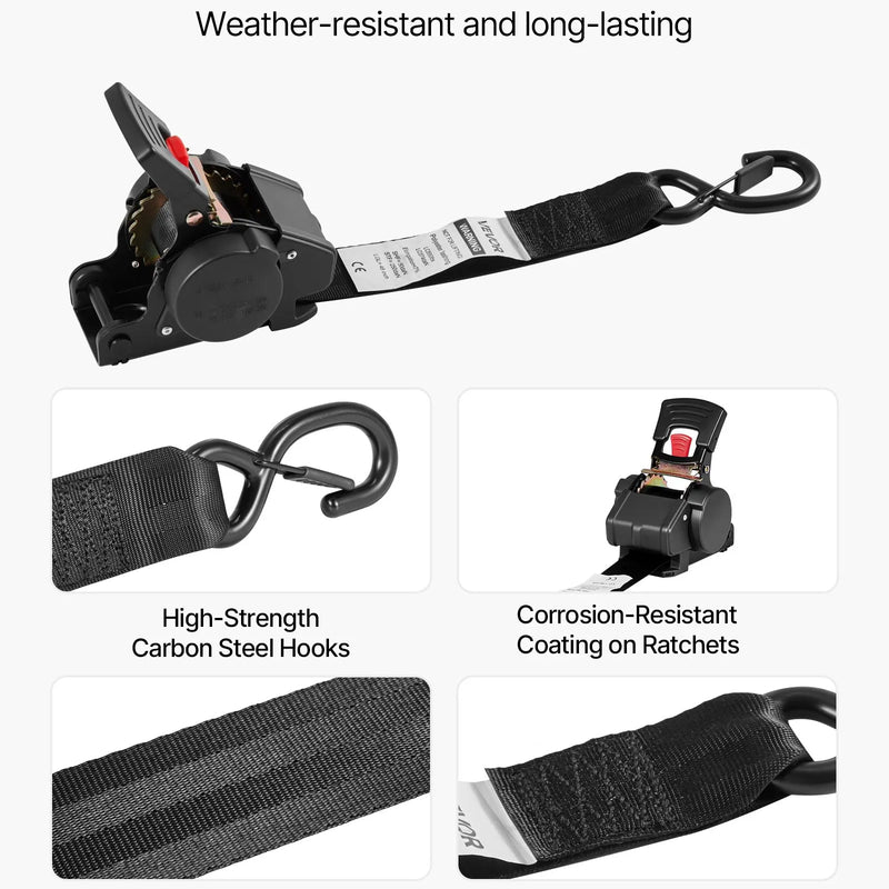 VEVOR riteņa fiksācijas nostiprināšanas komplekts, fiksēta tipa piekabes nostiprināšanas siksnas ar S veida āķiem, pārrāvuma slodze 748 kg, darba slodze 250 kg, piemērots motocikliem, laivām, sniega motocikliem un piekabēm