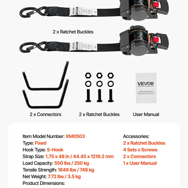 VEVOR riteņa fiksācijas nostiprināšanas komplekts, fiksēta tipa piekabes nostiprināšanas siksnas ar S veida āķiem, pārrāvuma slodze 748 kg, darba slodze 250 kg, piemērots motocikliem, laivām, sniega motocikliem un piekabēm