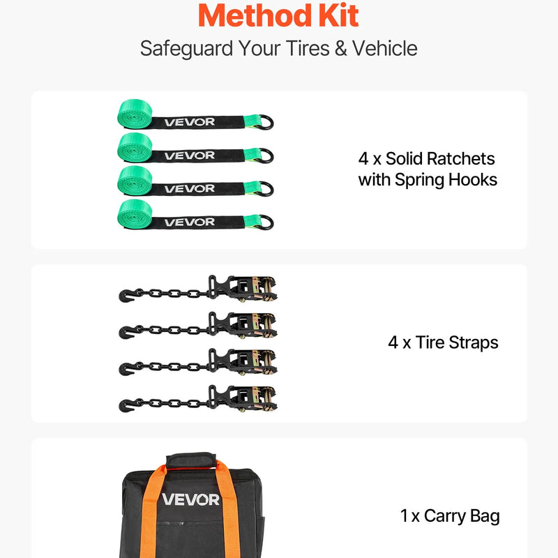 VEVOR riteņa fiksācijas un nostiprināšanas komplekts, riepas tipa nostiprināšanas siksnas ar pastiprinātu āķi un O veida gredzenu, pārrāvuma slodze 4540 kg, darba slodze 1512 kg, piemērots motocikliem, ATV un SUV transportlīdzekļiem