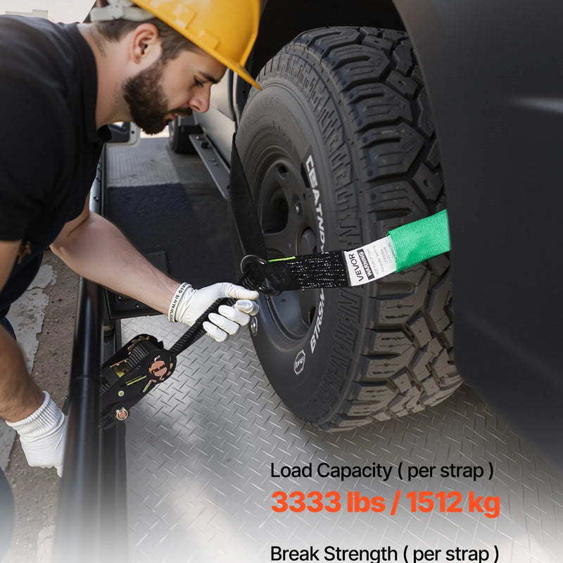 VEVOR riteņa fiksācijas un nostiprināšanas komplekts, riepas tipa vilkšanas ratiņu siksnas ar pastiprinātu āķi, pārrāvuma slodze 4540 kg, darba slodze 1512 kg, piemērots motocikliem, ATV, SUV un piekabēm