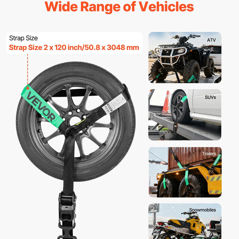 VEVOR riteņa fiksācijas un nostiprināšanas komplekts, riepas tipa vilkšanas ratiņu siksnas ar pastiprinātu āķi, pārrāvuma slodze 4540 kg, darba slodze 1512 kg, piemērots motocikliem, ATV, SUV un piekabēm