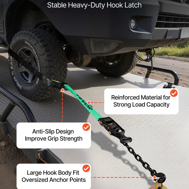 VEVOR riteņa fiksācijas un nostiprināšanas komplekts, riepas tipa vilkšanas ratiņu siksnas ar pastiprinātu āķi, pārrāvuma slodze 4540 kg, darba slodze 1512 kg, piemērots motocikliem, ATV, SUV un piekabēm