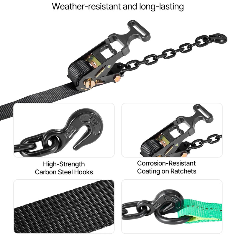 VEVOR riteņa fiksācijas un nostiprināšanas komplekts, riepas tipa vilkšanas ratiņu siksnas ar pastiprinātu āķi, pārrāvuma slodze 4540 kg, darba slodze 1512 kg, piemērots motocikliem, ATV, SUV un piekabēm