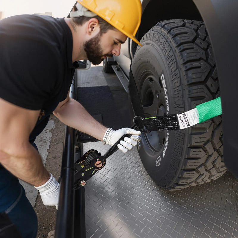 VEVOR riteņa fiksācijas un nostiprināšanas komplekts, riepas tipa vilkšanas ratiņu siksnas ar pastiprinātu āķi, pārrāvuma slodze 4540 kg, darba slodze 1512 kg, piemērots motocikliem, ATV, SUV un piekabēm