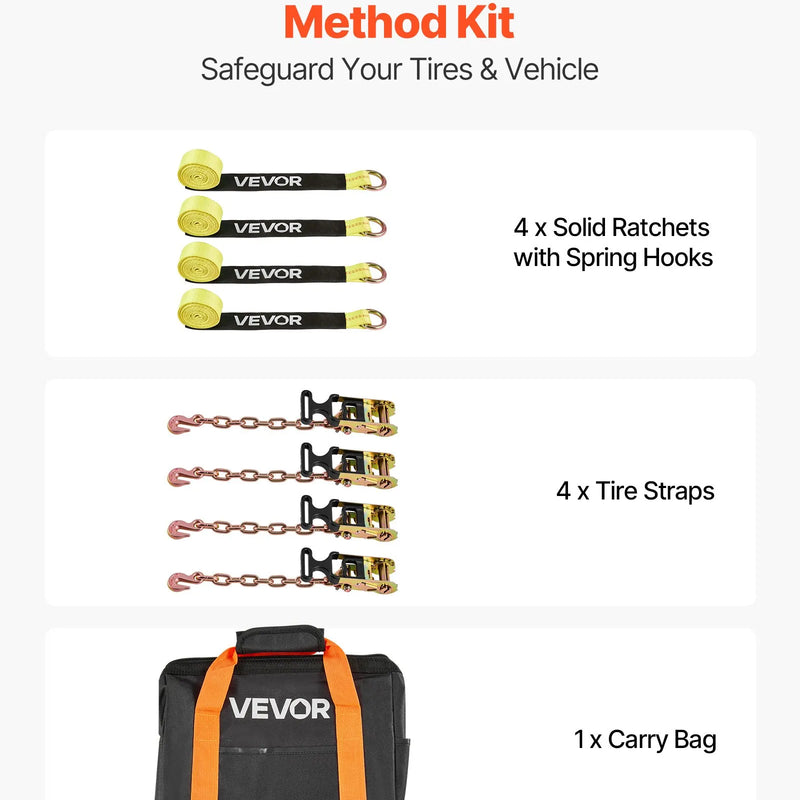 VEVOR riteņa fiksācijas un nostiprināšanas komplekts, riepas tipa vilkšanas ratiņu siksnas ar pastiprinātu āķi, pārrāvuma slodze 4540 kg, darba slodze 1512 kg, piemērots motocikliem, ATV, SUV un sniega motocikliem