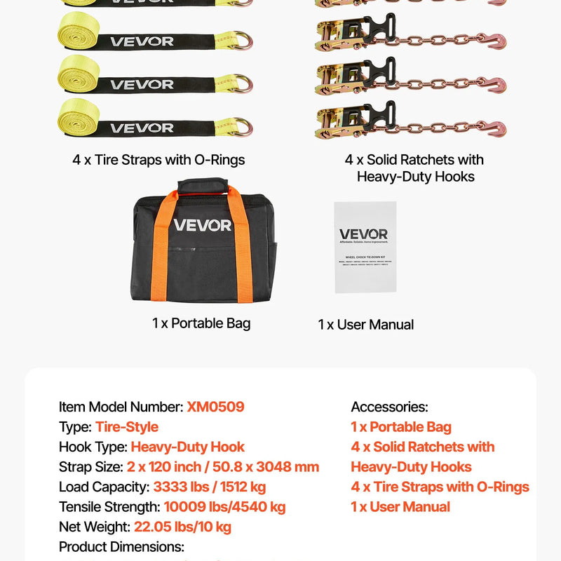 VEVOR riteņa fiksācijas un nostiprināšanas komplekts, riepas tipa vilkšanas ratiņu siksnas ar pastiprinātu āķi, pārrāvuma slodze 4540 kg, darba slodze 1512 kg, piemērots motocikliem, ATV, SUV un sniega motocikliem