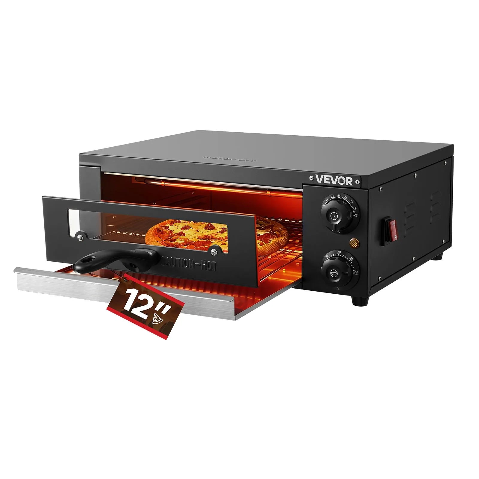 VEVOR elektriskā picu krāsns, 304,8 mm darbgalds, temperatūras diapazons 25–300 °C, 1450 W, ar taimeri un temperatūras kontroli, divkāršu siltuma cauruļu sistēmu un grila resti, picu gatavošanai virtuvē un komerciāliem mērķiem