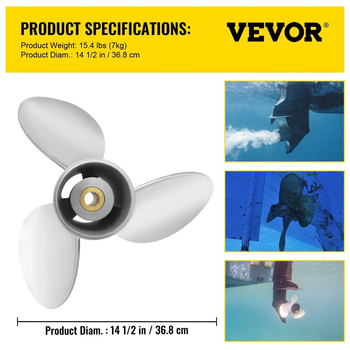 Tērauda Laivas Dzenskrūve, OEM 3860709 Aizvietotājs, 3 Asmeņi, 36,8 cm x 53,3 cm Solis, Saderīga ar Volvo Penta SX Drive Visām Versijām, 19 Zobu Špļines, Labās Puses Rotācija