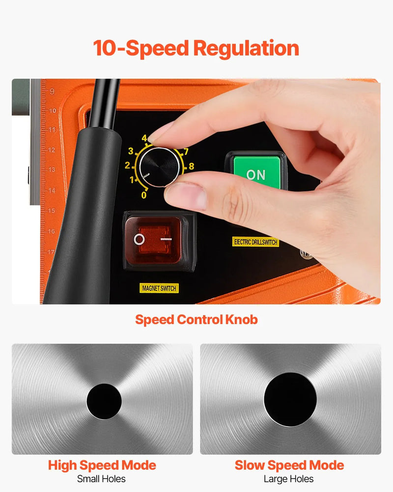 VEVOR magnētiskā urbjmašīna, 1550 W motors, 50,8 mm urbšanas diametrs, 13 000 N magnētiskā piespiedējspēka pārnēsājamais magnētiskais urbis, 0–500 apgr./min regulējams ātrums metāla apstrādei industriāli un mājas darbiem