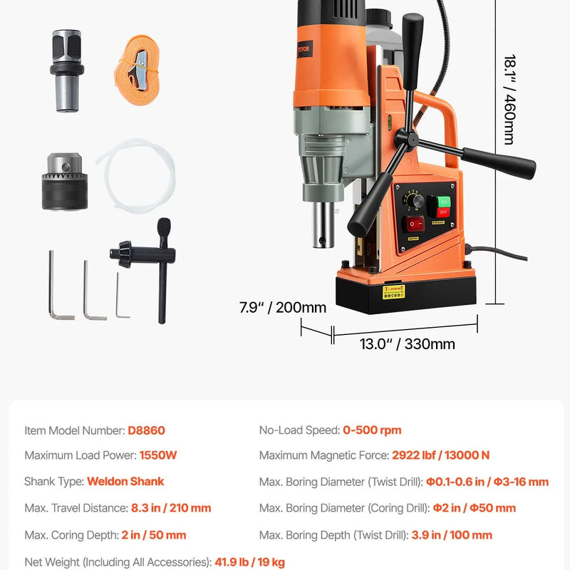 VEVOR magnētiskā urbjmašīna, 1550 W motors, 50,8 mm urbšanas diametrs, 13 000 N magnētiskā piespiedējspēka pārnēsājamais magnētiskais urbis, 0–500 apgr./min regulējams ātrums metāla apstrādei industriāli un mājas darbiem