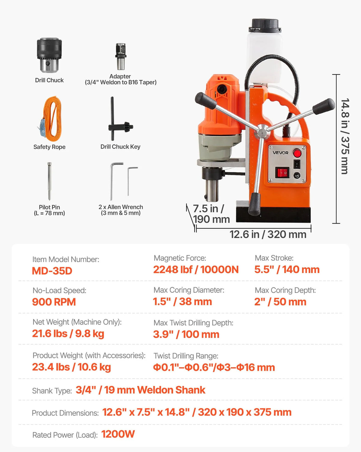 VEVOR magnētiskā urbjmašīna, 1200 W, 38 mm urbuma diametrs, 10 000 N magnētiskais spēks, 900 apgr./min. ātrums, ar Weldon stiprinājumu, efektīva dzesēšana, metāla virsmām, rūpniecībai un mājas darbiem