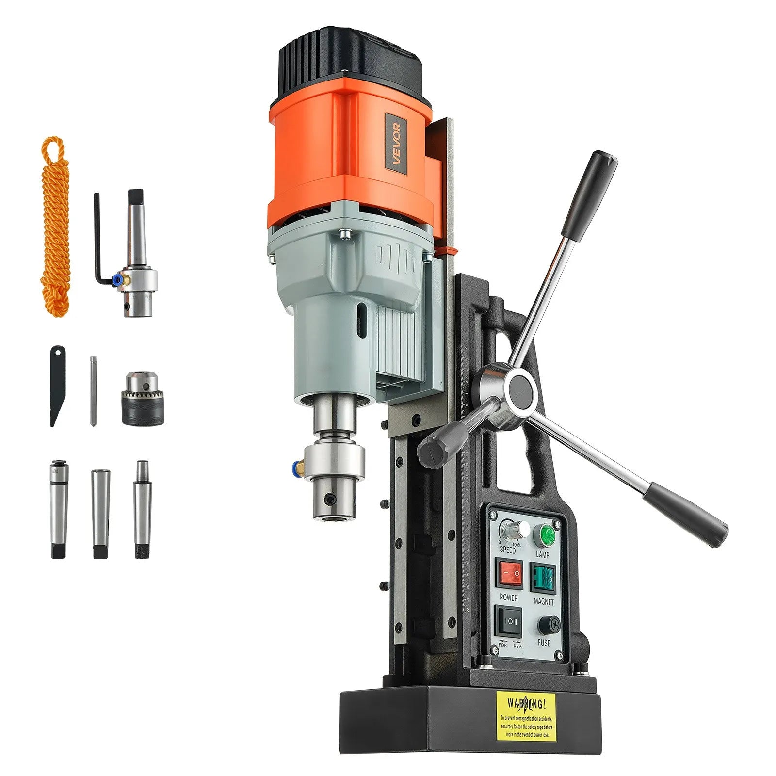 VEVOR magnētiskā urbjmašīna, 1500 W, 60 mm urbuma diametrs, 13 000 N jaudīga magnētiskā urbjmašīna, 0–600 apgr./min regulējams ātrums, Morse konuss, M3–M16 vītņošana, metāla virsmām, rūpniecībai un mājas darbiem